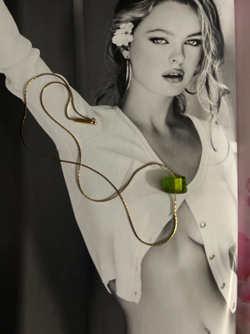 Gold-Tone Chain Necklace with Green Glass Pendant